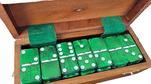 Marion Domino Double Six Green Marbleized Jumbo Tournament Professional Size with Spinners in Dovetail Sheesham Wood Box. - color: Green Marbleized