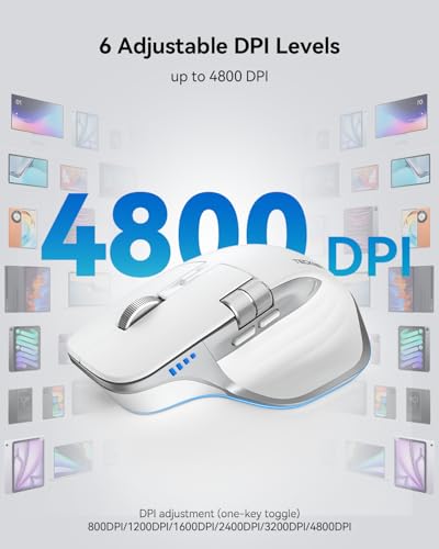 TECKNET Wireless Mouse, Bluetooth Mouse (BT5.3/5.0 & 2.4G) Rechargeable Ergonomic Optical Mouse with 6 Adjustable DPI, Side Scroll, Quiet Clicks, USB A Receiver, 7 Buttons, Wide Compatibility - White - color: Light White