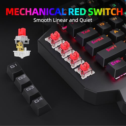 HUO JI Wireless One Handed Mechanical Gaming Keyboard, Red Switch | 6 Onboard Macro Keys, 2.4Ghz and USB-C Wired Dual Mode, RGB Led Backlit, Wrist Rest, Durable Battery