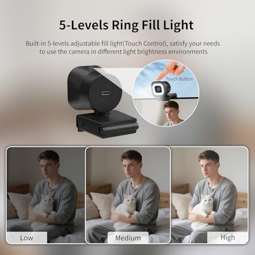 TOALLIN 4K Webcam with Ring Light, Remote Control, PDAF Autofocus | Built-in Dual Mic, 5X Zoom & Image Mirroring, USB Computer Camera for Live-Streaming/Meetings/Video Calls - style: 4K Webcam with Ring Light