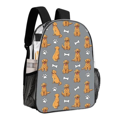 Fashion Teddy Print Clear Backpack Stadium Approved for Men Women | Transparent Bookbag with Reinforced Bottom, Adjustable Padded Shoulder Straps, Golden Retriever Cute Dog - color: Pattern (500)