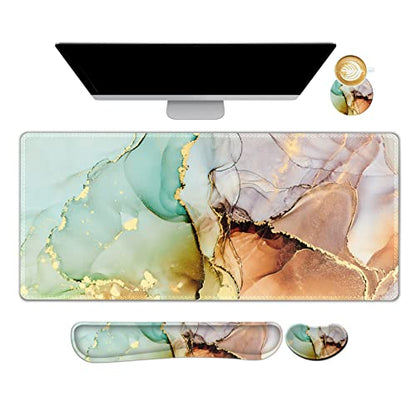 ARTSO Large Gaming Mouse Pad, Keyboard Wrist Rest Pad & Wrist Support Mousepad Set, Stitched Edge, Extended, Non-Slip Base, Memory Foam Desk Mat for Office, Home, Abstract Art Marble - color: Abstract Art Marble