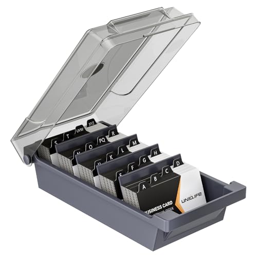 Uniclife Business Card Organizer with Lid & Dividers, 500-Card Capacity | Desktop business card holder and name card storage box with A-Z index tabs for neat sorting, quick viewing and easy access - size: Medium