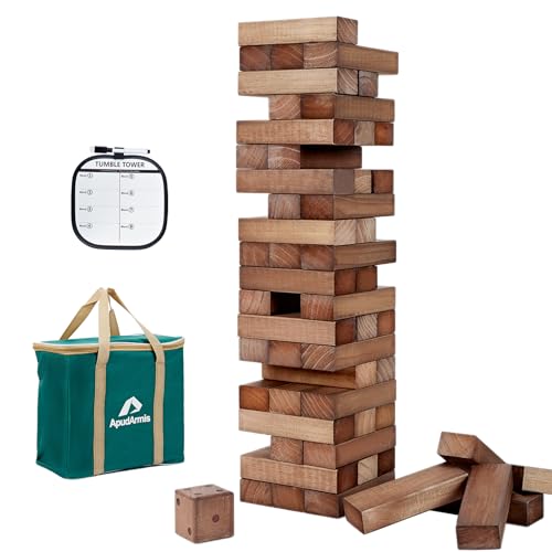 ApudArmis 54 PCS Giant Tumble, Pinewood Stacking Outdoor Game 3.2FT | Includes scoreboard, dice & bag. Non-toxic NZ pine, crack-resistant. Fun large tumbling tower game for family gatherings - color: Brown, size: M-Stack to 3.2 FT