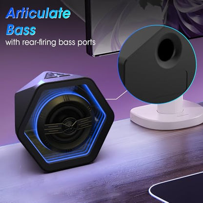 Computer Gaming Speakers, 50W Active Desktop Speakers with Infinity Mirror 3D Tunnel RGB (8 Modes), Bluetooth 5.3, AUX in, Headphone Out & Type-C Input, 3 EQ Modes, AC Powered for PC/Laptop/TV