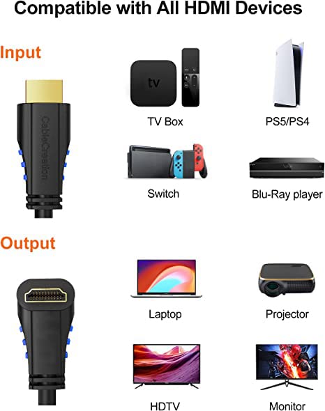 CableCreation 4K HDMI Cable Right Angle 270 Degree Upward - Supports 4K@60HZ Ultra HD for Gaming, Streaming, Movies, Male to Male, 6ft Black - size: 6FT, style: Upward Angle
