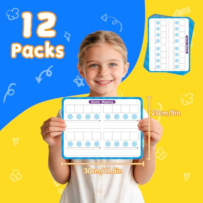 12 Pack Double Sided Syllable Dry Erase Board,12" x 9" Multiplication Flash Cards,Phonics Manipulatives Small White Board for Kids,Speech Therapy Material for Learning,Homeschool Essentials - style: Sound & Syllable Mapping