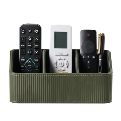 No Drill PU Leather Wall Remote Holder, 3 Compartments Storage Caddy for TV AC Remotes, Pens, Eyeglasses, Home Bedroom Bathroom Office (Stylish Green Fine Ribbed) - color: Stylish Green Fine Ribbed