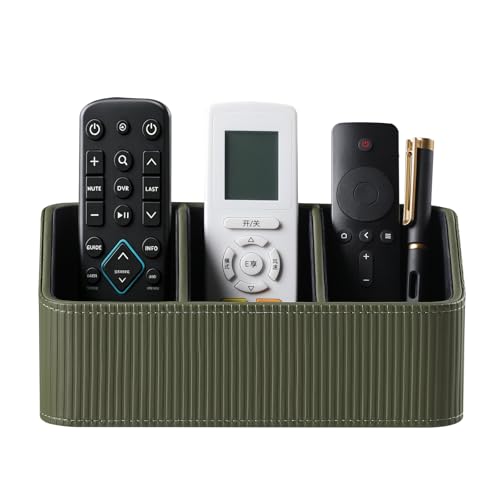 No Drill PU Leather Wall Remote Holder, 3 Compartments Storage Caddy for TV AC Remotes, Pens, Eyeglasses, Home Bedroom Bathroom Office (Stylish Green Fine Ribbed) - color: Stylish Green Fine Ribbed