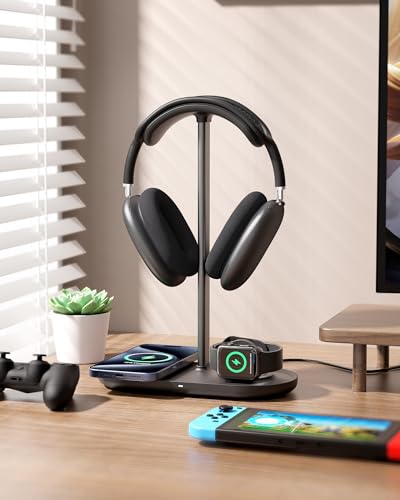 HiWe Headphone Stand, 2-in-1 MagSafe Wireless Charger for iPhone/iWatch | Headset Holder for All Headphones, Aluminum Alloy Bar, ABS Solid Base, PU Headrest, Table Desk Organizer - color: Black
