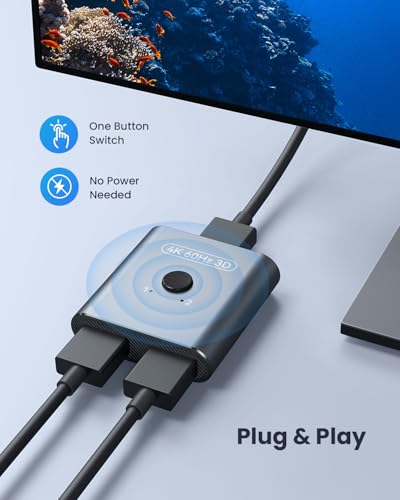 HDMI Switch 4K@60Hz, Bidirectional HDMI Splitter 2 in 1 Out, Aluminum HDMI Switcher Supports Ultra HD 4K 1080P 3D HDR, Compatible for Fire Stick, PC, Xbox, PS5/4/3, Roke, Blu-Ray Player