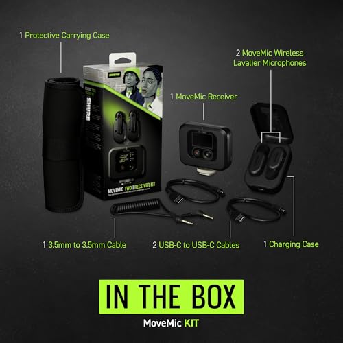 Shure MoveMic 2 Kit Wireless Lavalier Microphone System | Two Bluetooth clip-on lav mics with camera receiver for DSLR, iPhone, Android, Mac and PC; 24-hour charge, IPX4 - style: Two Channel Kit