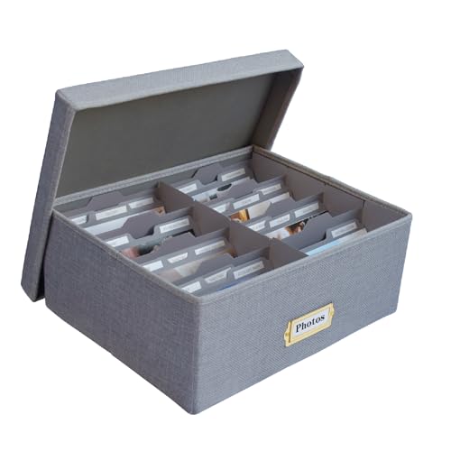 Linen Photo Storage Box – Holds 1700 Photos, Photo Organizer with Lid for Photo, Pictures, 24 Adjustable Dividers & 72 Labels Multi-Use Organizer Memory Box for Envelopes, Baby, Wedding, Cards Grey - color: Grey