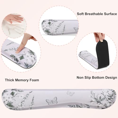 MEGREZ 4-in-1 Mouse Pad with Wrist Rest Ergonomic Memory Foam Desk Mat Set | ergonomic, anti-slip base, 4pcs set, desk pad, mouse wrist rest, keyboard rest, coaster, ideal for office & gaming - color: Green Flower