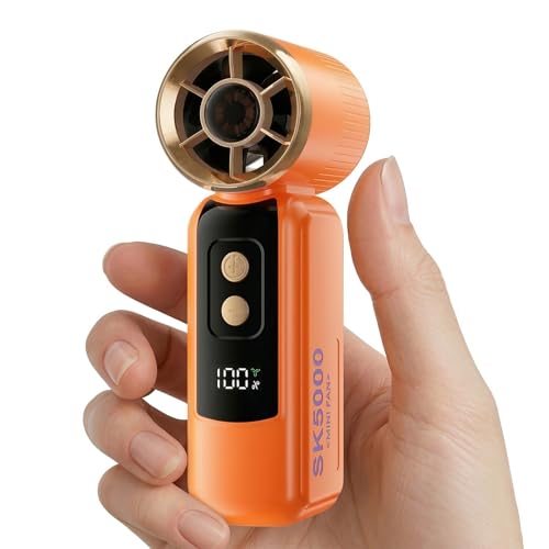 Portable Fan Handheld Mini, 6-Speed Turbo Power USB Rechargeable Personal Cooling Fan with LED Display, Small Travel Fan for Outdoor Camping Hiking, Orange - color: Orange