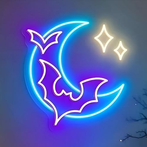 Bat Moon Neon Sign for Gaming Room Decor, Gothic Gamer Aesthetic Neon Light, Dark Fantasy Moon Wall Decor for Bedroom, Anime Game Room Setup, Celestial Neon Sign for Streamer Background, Purple Blue Wall Light, 13.2x12.6" - color: Bat Moon