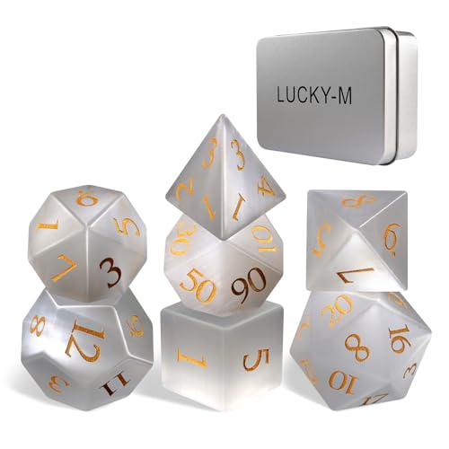 LUCKY-M Cat Eye Gemstone Dice DND Set, 7PCS Natural Handmade Dice for Dungeons and Dragons, D&D Accessories Men Gift (White) - color: Cat Eye- White