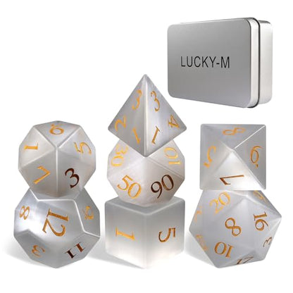 LUCKY-M Cat Eye Gemstone Dice DND Set, 7PCS Natural Handmade Dice for Dungeons and Dragons, D&D Accessories Men Gift (White) - color: Cat Eye- White