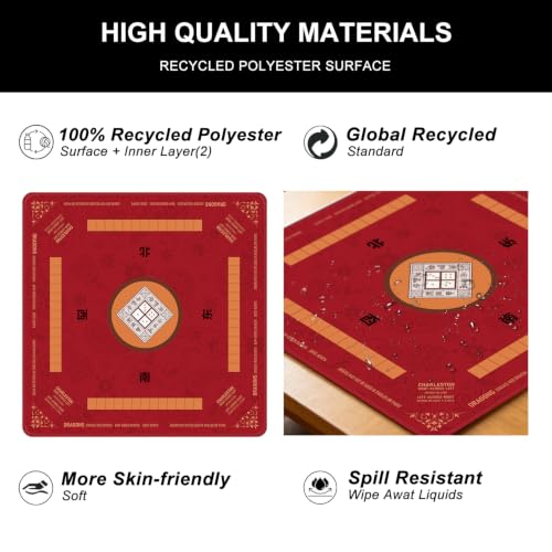 Red Mahjong Mat for Table with Rules, 31.5" x 31.5" Noise Reduction Non Slip Waterproof Mah Jong Table Mat with Carrying Bag, Suitable for Mahjong, Poker, Board Games, Dominoes, and Card Games - color: Red