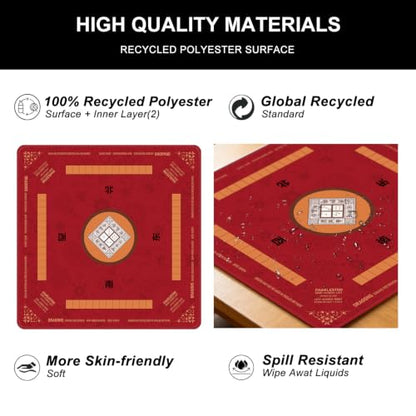 Red Mahjong Mat for Table with Rules, 31.5" x 31.5" Noise Reduction Non Slip Waterproof Mah Jong Table Mat with Carrying Bag, Suitable for Mahjong, Poker, Board Games, Dominoes, and Card Games - color: Red
