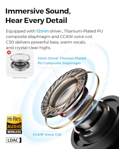 SoundPEATS C30 - True Wireless Earbuds - Bluetooth Headphones 6.0 - White | Hybrid ANC LDAC Hi-Res Audio 52H Playtime -52dB Adaptive Noise Cancelling 6-Mic Clear Call 12mm Driver Multi-Point IP54 - color: White