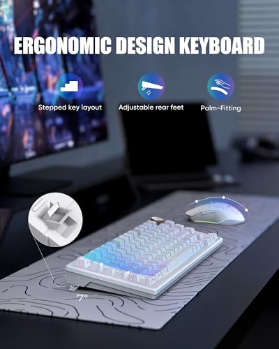 RedThunder K75 Wireless Keyboard and Mouse Combo,75% Membrane Side-Engraved Keyboard,Optical Gaming Mouse with 4800DPI,3 Modes(BT/2.4G/Wired),Dual System,RGB Backlit,Rechargeable Battery,Contour White - color: White Contour Line
