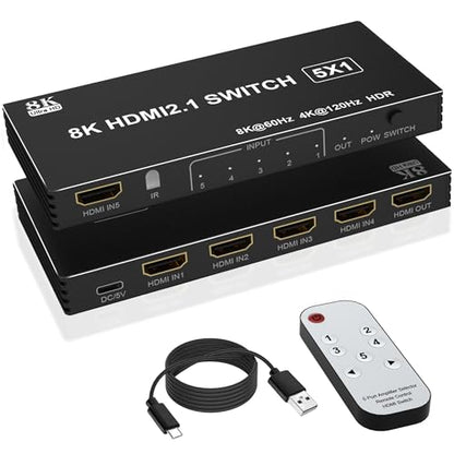 8K HDMI Splitter HDMI Switch 4K 120Hz - 5 in 1 Out hdmi switcher 8K 60Hz 4K 120Hz Splitter with Remote 3D HDR10+ HDCP 2.3 CEC, Use for PS5/4/3 Xbox Nintendo Switch DVD Roku Apple TV Fire Stick PC