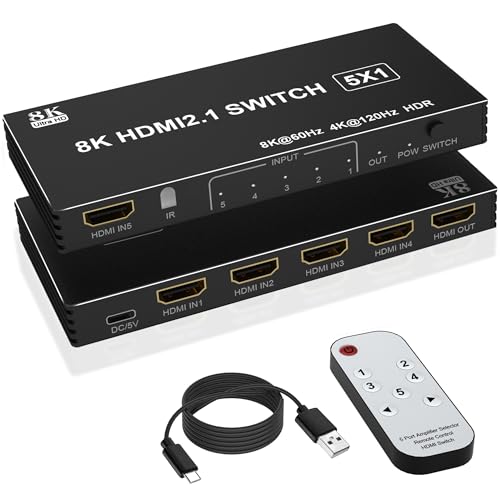 8K HDMI Splitter HDMI Switch 4K 120Hz - 5 in 1 Out hdmi switcher 8K 60Hz 4K 120Hz Splitter with Remote 3D HDR10+ HDCP 2.3 CEC, Use for PS5/4/3 Xbox Nintendo Switch DVD Roku Apple TV Fire Stick PC