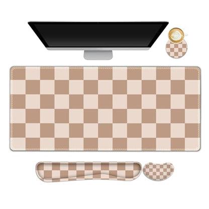 Beige Khaki Checkered Mouse Pad Set, 4 in1 Large Gaming Ergonomics Keyboard Desk Mat with Memory Foam Wrist Rest, Extended Game Mousepad, Non-Slip Desk Pad Matt Easy Typing Pain Relief - color: Beige Khaki Checkered