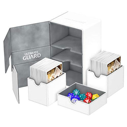 Ultimate Guard Twin Flip'n'Tray 160+, Deck Case for 160 Double-Sleeved TCG Cards +Dice Tray, White/Grey, Independent Magnetic Closure & Microfiber Lining - color: White/Grey