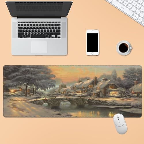 XXL Gaming Mouse Pad 35.4x15.7 inch, Christmas Art Rustic Landscape Theme Desk Mat, River Village Oil Painting Scene Large Mousepad，Fantasy Artistic Keyboard Mouse Mat (Northern Snowscape) - color: Northern Snowscape
