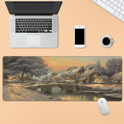 XXL Gaming Mouse Pad 35.4x15.7 inch, Christmas Art Rustic Landscape Theme Desk Mat, River Village Oil Painting Scene Large Mousepad，Fantasy Artistic Keyboard Mouse Mat (Northern Snowscape) - color: Northern Snowscape