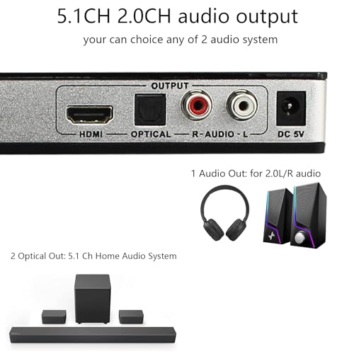 KAGO 4x1 HDMI Switch with Audio Extractor & eARC, 4K@60Hz HDR10, 4 in 1 Out HDMI Switcher with Optical Toslink, RCA L/R & HDMI Audio Out, Supports Dolby Atmos DTS:X, HDCP 2.2 for PS5, Xbox, Apple TV - size: audio 4 ports