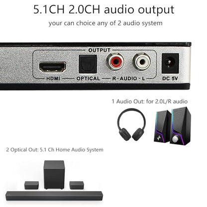 KAGO 4x1 HDMI Switch with Audio Extractor & eARC, 4K@60Hz HDR10, 4 in 1 Out HDMI Switcher with Optical Toslink, RCA L/R & HDMI Audio Out, Supports Dolby Atmos DTS:X, HDCP 2.2 for PS5, Xbox, Apple TV - size: audio 4 ports