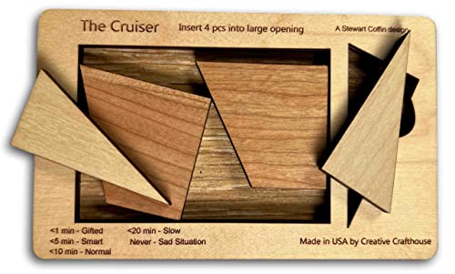 Creative Crafthouse Cruiser Stewart Coffin Wood Brain Teaser Packing Puzzle | Design number 167, handmade in our Hudson, Florida workshop. A challenging 4 piece geometry gift for adults and collectors - style: The Cruiser