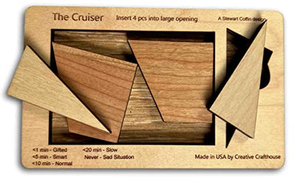 Creative Crafthouse Cruiser Stewart Coffin Wood Brain Teaser Packing Puzzle | Design number 167, handmade in our Hudson, Florida workshop. A challenging 4 piece geometry gift for adults and collectors - style: The Cruiser