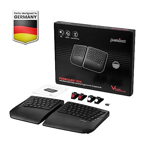 Perixx PERIBOARD-624B US, Wireless Ergonomic Split Keyboard - Up 30 Ft Separation - Adjustable Tilt Angle - Low Profile Membrane Keys - Black - US English - style: Wireless