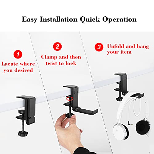 Headphone Holder Under Desk Hook with Cable Organizer, Foldable Aluminum Headset Mount, Space-Saving Hanger for Most Headphones