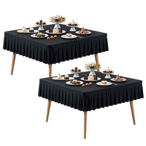 2 Pack Black Square Tablecloth - 48x48 Inch Elastic Small Card Table Cover | with Ruffle Pleated Table Skirt, Wrinkle-Free Spandex Mahjong Table Cover, for Dining, Kitchen, Patio, Banquet & Party Decor - color: Black, size: 48" x 48" (Square-2 Pack)