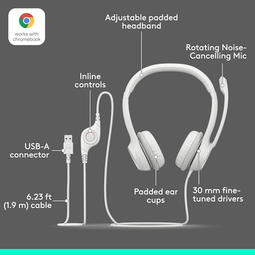 Logitech H390 Wired Headset PC/Laptop Stereo Headphones - Off White | Stereo Headphones for PC/Laptop, USB-A, In-Line Controls, Works with Chromebook - color: Off White, style: USB-A