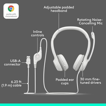 Logitech H390 Wired Headset PC/Laptop Stereo Headphones - Off White | Stereo Headphones for PC/Laptop, USB-A, In-Line Controls, Works with Chromebook - color: Off White, style: USB-A