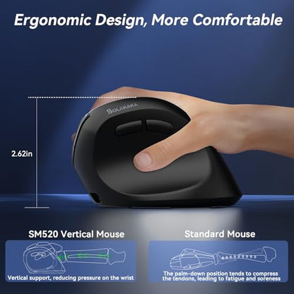 SOLAKAKA SM520 Ergonomic Wireless Mouse with 24,000 DPI, Black | BT5.0/2.4GHz/USB-C, Comfortable Vertical Design, Rechargeable Battery, Programmable Side Button, for Desktop, PC, Laptop - color: black