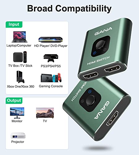 HDMI Switch 4k@60hz Splitter, GANA Aluminum Bidirectional HDMI Switcher 2 in 1 Out, Manual HDMI Hub Supports HD Compatible with Xbox PS5/4/3 Blu-Ray Player Fire Stick Roku - color: Green (No Cable)