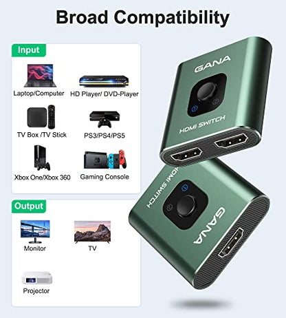 HDMI Switch 4k@60hz Splitter, GANA Aluminum Bidirectional HDMI Switcher 2 in 1 Out, Manual HDMI Hub Supports HD Compatible with Xbox PS5/4/3 Blu-Ray Player Fire Stick Roku - color: Green (No Cable)
