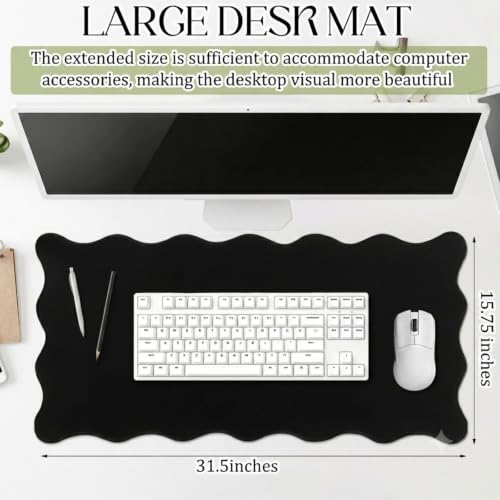 Hahafelt Scalloped Desk Mat Large Desk Pad Cute Coquette Table Mat Back to School Preppy Table Make up Pad Nonslip Graduation Gift with Stitching Waterproof Gaming(Black,23.6 x 13.8 Inches) - color: Black, size: 23.6L x 13.8W inches