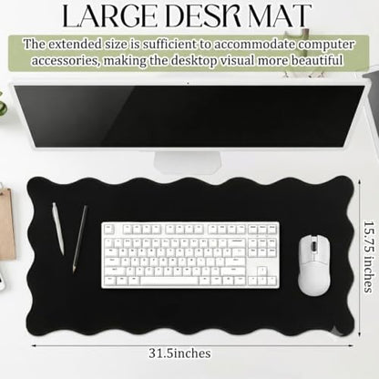 Hahafelt Scalloped Desk Mat Large Desk Pad Cute Coquette Table Mat Back to School Preppy Table Make up Pad Nonslip Graduation Gift with Stitching Waterproof Gaming(Black,23.6 x 13.8 Inches) - color: Black, size: 23.6L x 13.8W inches