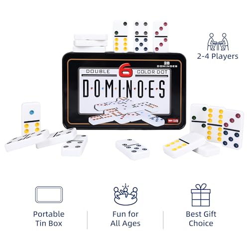 Offelec Double Six Dominoes Set | 28 Domino Tiles Double 6 Dominos with Storage Tin | Classic Family Game for Kids & Adults | Ideal for Travel, Game Nights & Educational Fun | 2-4 Players - color: Double 6 Dominoes