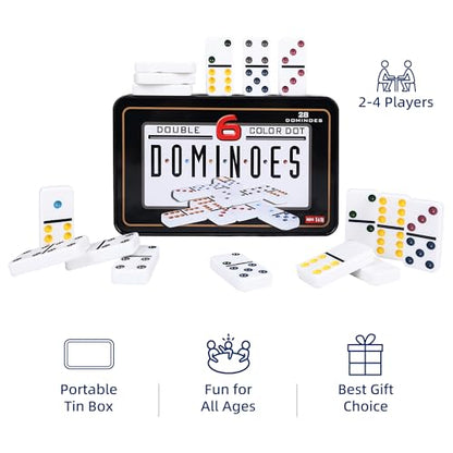 Offelec Double Six Dominoes Set | 28 Domino Tiles Double 6 Dominos with Storage Tin | Classic Family Game for Kids & Adults | Ideal for Travel, Game Nights & Educational Fun | 2-4 Players - color: Double 6 Dominoes