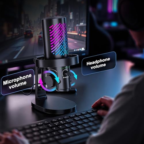 RGB USB Gaming Microphone for PC, Streaming & Podcast, Cardioid Condenser Mic with Noise Reduction, Touch Mute, Headphone Monitoring, Gain Control, Plug & Play for Mac Phone