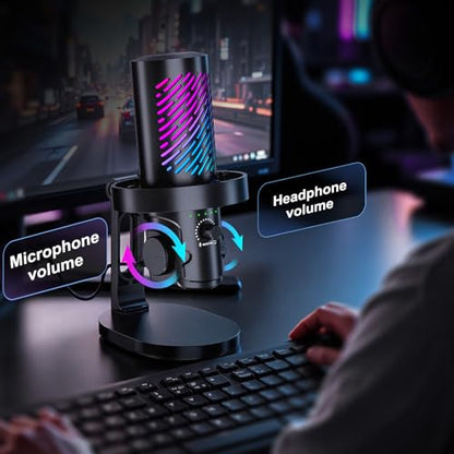 RGB USB Gaming Microphone for PC, Streaming & Podcast, Cardioid Condenser Mic with Noise Reduction, Touch Mute, Headphone Monitoring, Gain Control, Plug & Play for Mac Phone